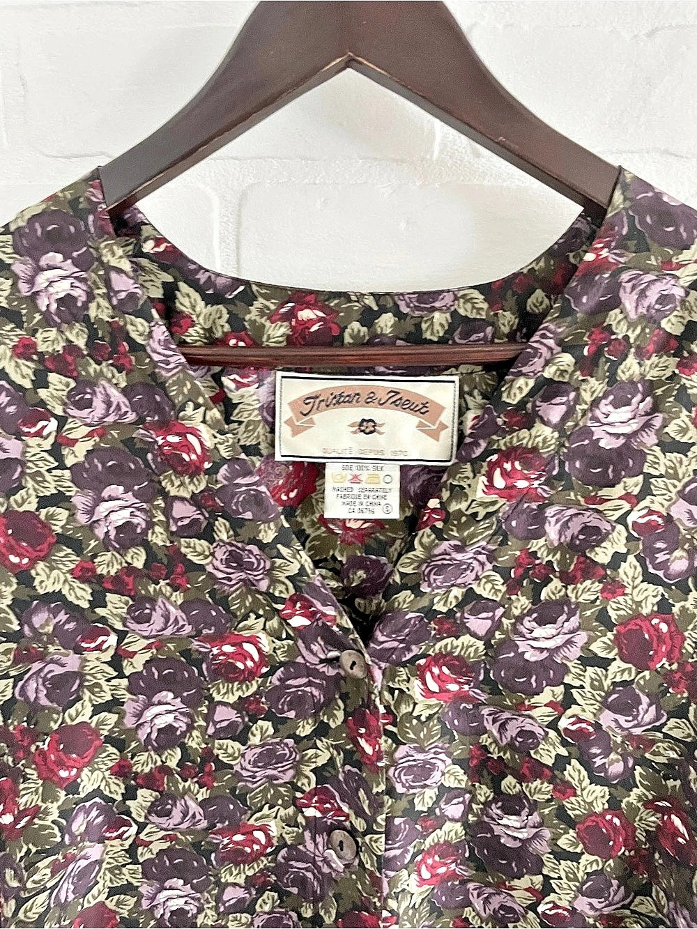 Tristan & Iseut Vintage 90s Silk Rose Print Tie Back Blouse Oversized Sz S - Picture 9 of 16